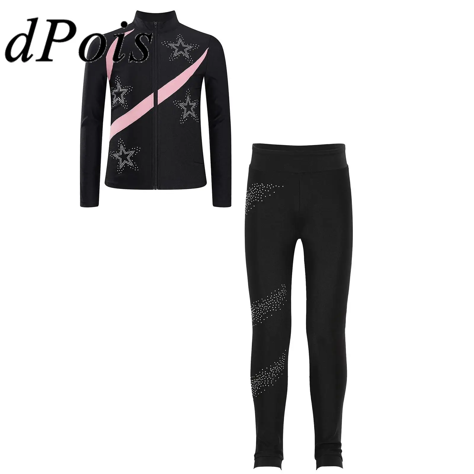 

Kids Girls Ballet Figure Skating Outfit Tracksuit Top Children's Gymnastics Set Long Sleeve Zipper Sweatshirt with Leggings