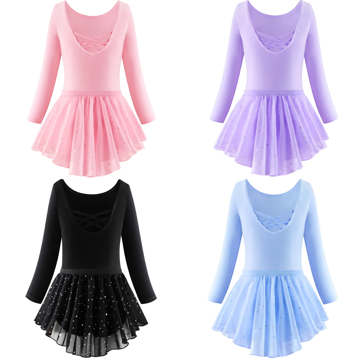 

2025 Spring Autumn Children Dance Costume For 3-12Years Girls Sequin Ballet Skirt Long Sleeves Training Suit Exam Costume
