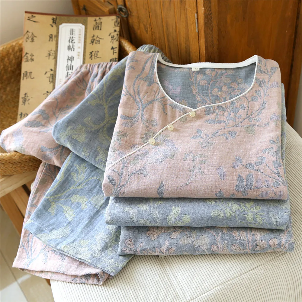 Spring Autumn Cotton Gauze Women's Pajamas Print Long Sleeve Round Neck Pullover Pants Loose Soft Home Wear Set