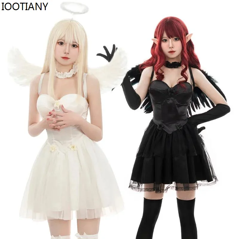 

Sexy Fallen Black White Angel Demon Mesh Dresses Halloween Dark Angel White Angel Cosplay Costume Carnival Party Stage Costumes