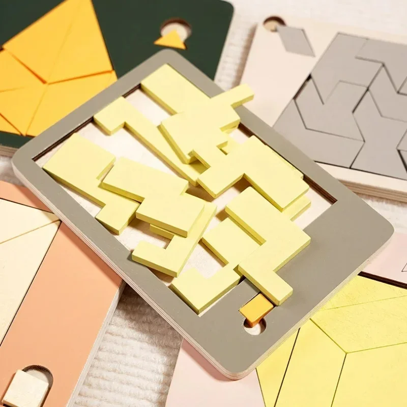 

Разные цвета, деревянные блоки-головоломки, настольная игра, 3D геометрическая танграмма, головоломки, головоломки, логическая настольная игра IQ для детей и взрослых