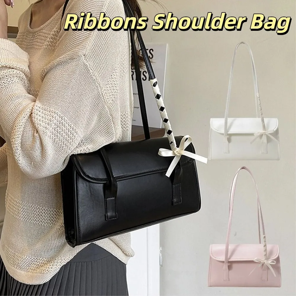 

Versatile Solid Color Bow Ribbons Shoulder Bag Leisure Pu Leather Large Capacity Underarm Bag Y2k Sweet Women's Handbag Girls
