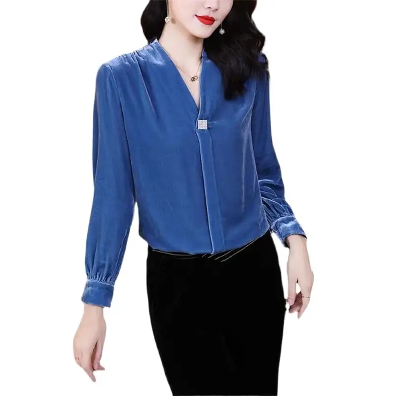 

V-Neck Brooch Women Office Work Tops Casual Loose Slim Autumn Velvet Shirts Winter Female Pullover Clothe 2024 New Clothing