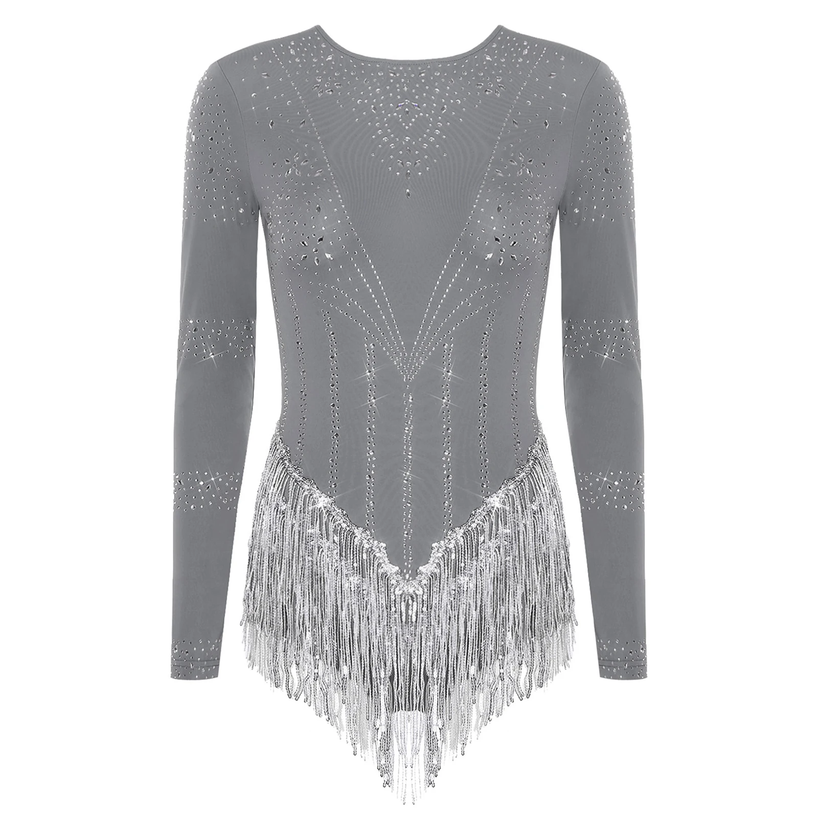 

Women Latin Figure Skating Sequin Tassel Bodysuit Jumpsuit Long Sleeve Glittery Rhinestones Leotards for Chacha Dance Costumes