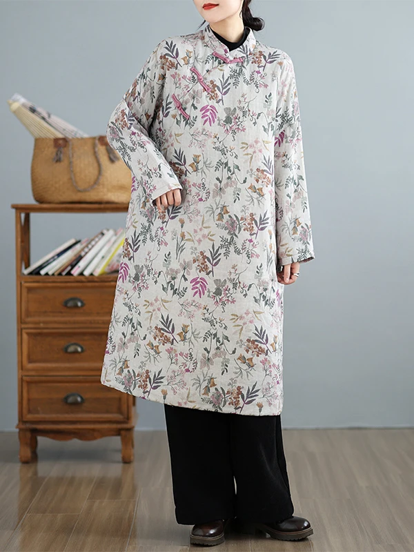 

Художественный винтажный длинный хлопковый топ с цветочным принтом и воротником-стойкой на пуговицах, женский зимний модный прямой крой Thiened Sve