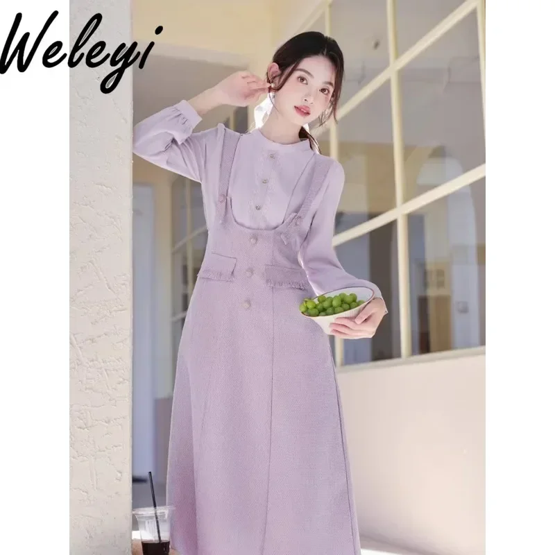 

Autumn Gentle Light Purple Midi Dress for Women 2024 New Elegant French Women's Retro Long Sleeve Fake Two-piece Strap Dresses