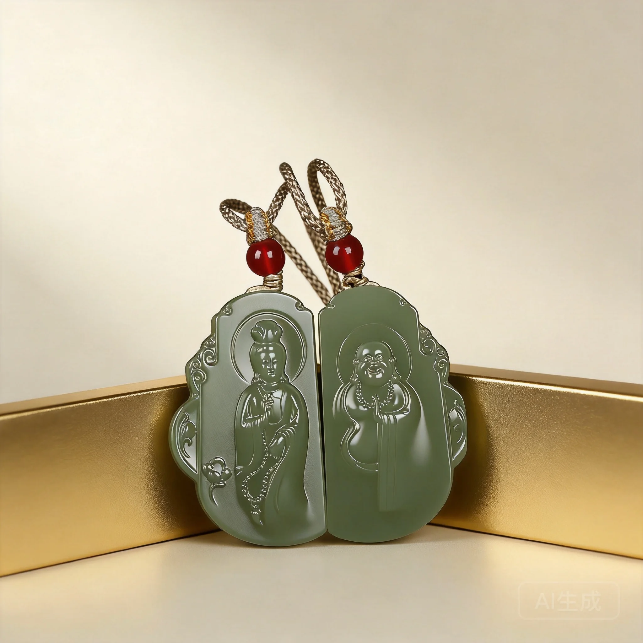 

Chinese Traditional Lucky Blessing Natural Hetian Jade Guanyin Maitreya Laughing Buddha Couple Pendant Necklace Good Fortune Amu