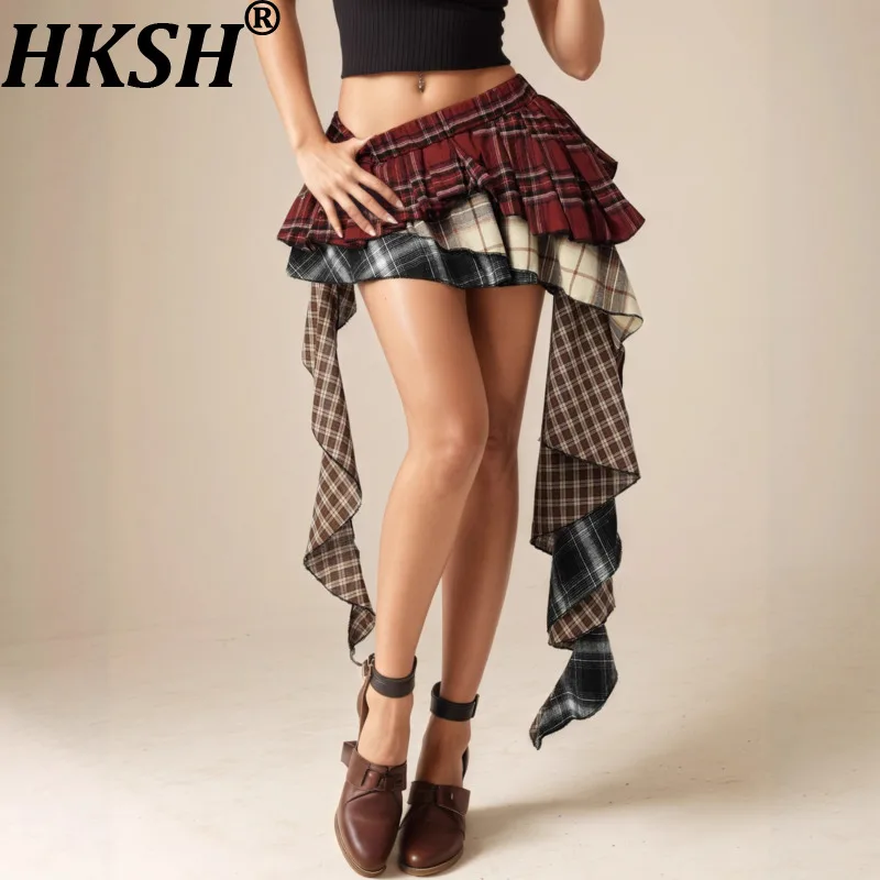 HKSH Women Short Skirt Multi-layered Color Block Plaid Pleated Irregular Hem American Retro Streetwear Y2K Skirts Summer HK22161