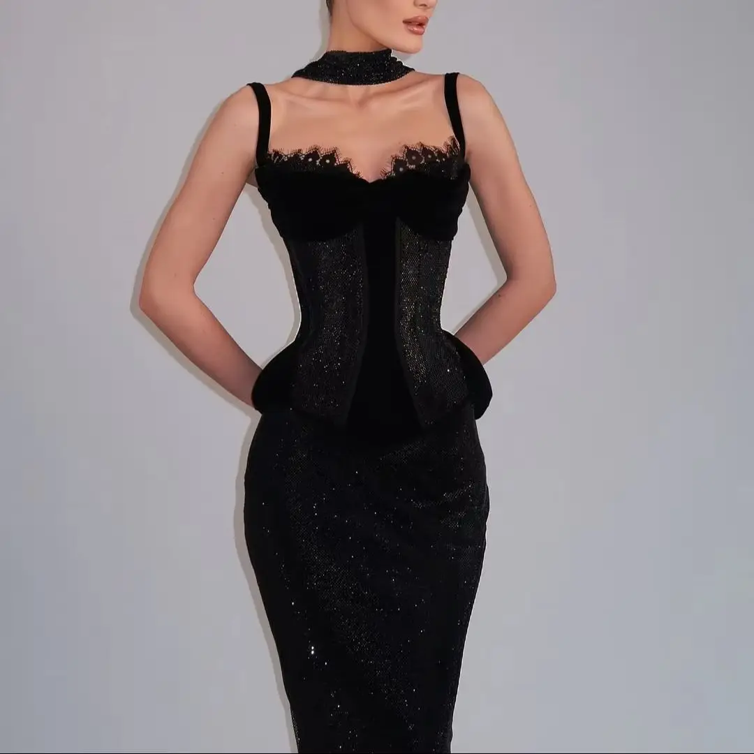 

MD New Elegant Spaghetti Strap Shiny Lace Prom Dresses Mermaid Sleeveless Black Scarf Evening Dresses Customsied فساتين س