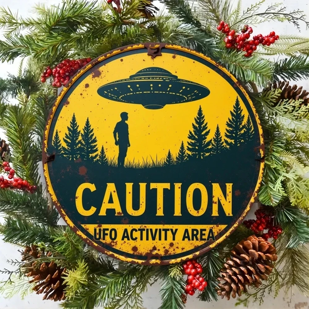 [2D Flat] 1 Piece Vintage Ufo Activity Zone Sign - Waterproof and Dustproof Metal Wall Art, Featuring a Bohemian Decoration with Pine Trees and Red Berries