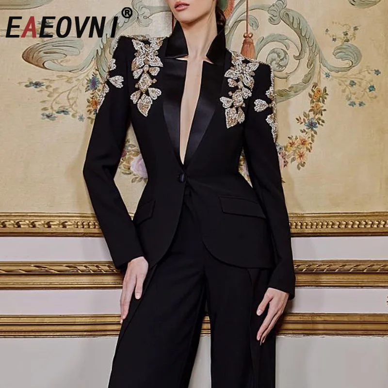 

EAEOVNI Luxury Diamond Spliced Suit Coat Women Fashion V Neck Button Long Sleeve Temperament Jacket 2026 New Clothing