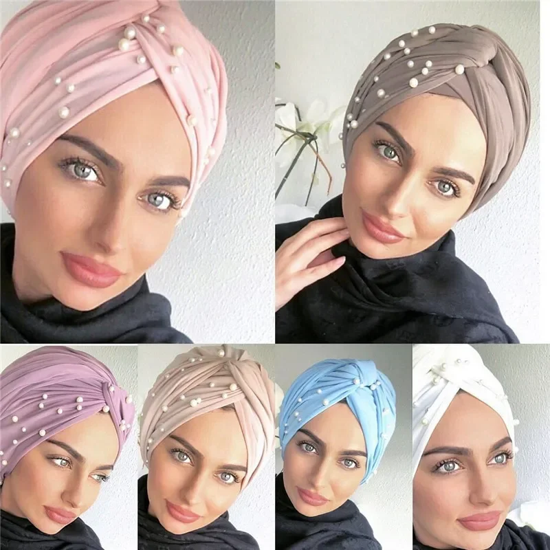 Turbante de ante suave con perlas para mujer, gorro Hijab musulmán con cuentas, envolturas para la cabeza, Turbante indio