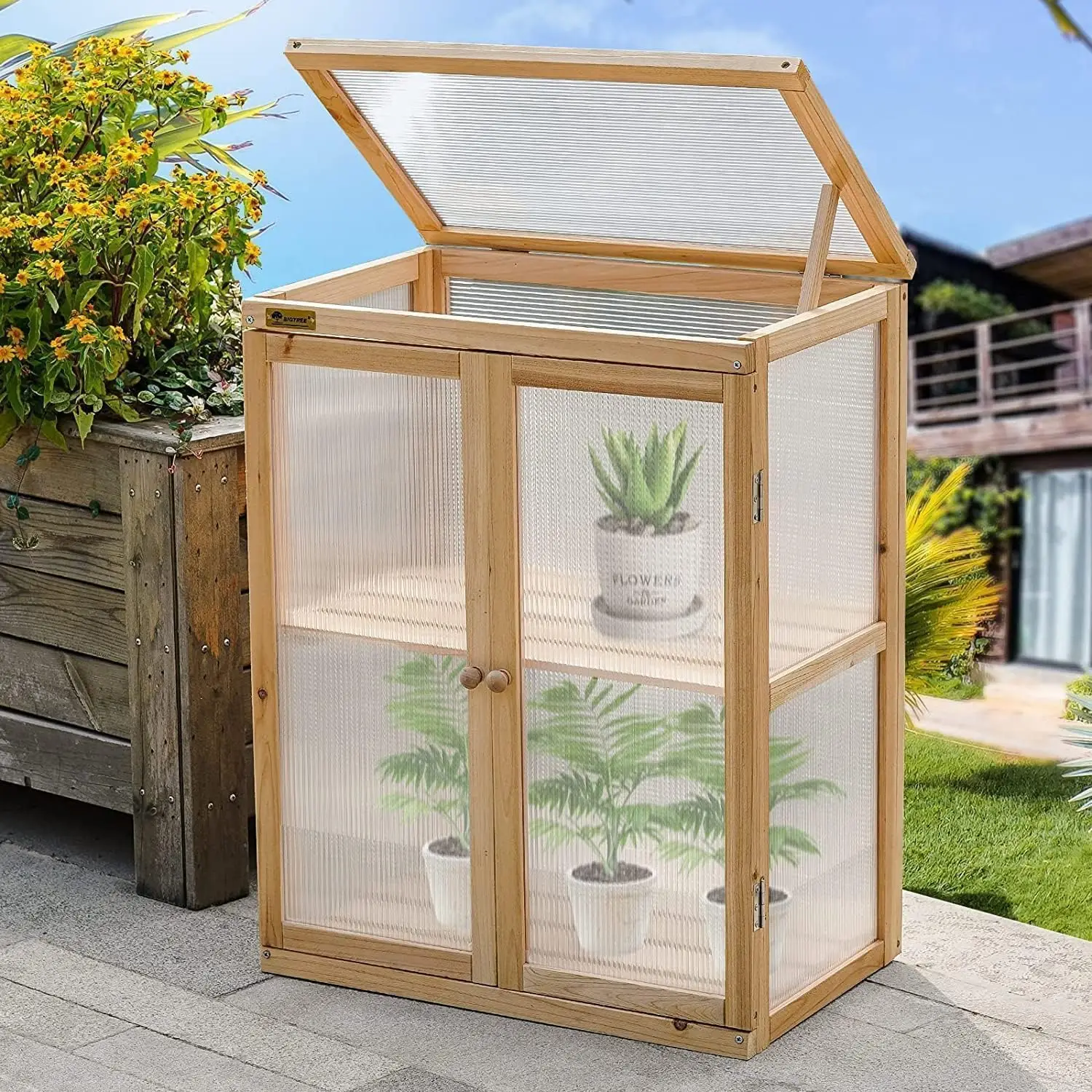 Wooden Cold Frame Greenhouse 2-Tier Garden Mini Nursery Vented Planter Wood Portable Flower Cabinet Front Top Opening Home