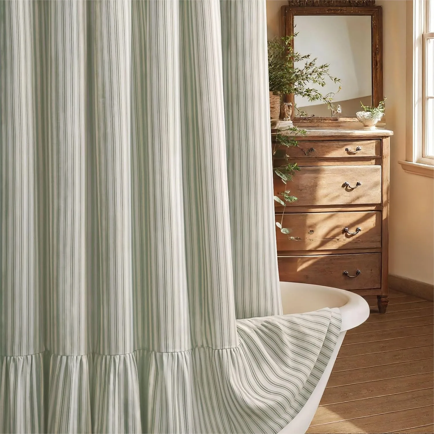 

Farmhouse Shower Curtain with Ruffle Hem, Linen Blend Natural Fabric, Cream-Green Stripe 72x72