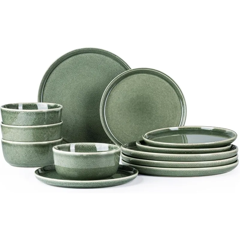 

Stoneware Dinnerware Sets for 4,Round Reactive Glaze Ceramic Plates and Bowls Set,Microwave Safe Dishes Set,Service for 4 (12pc)