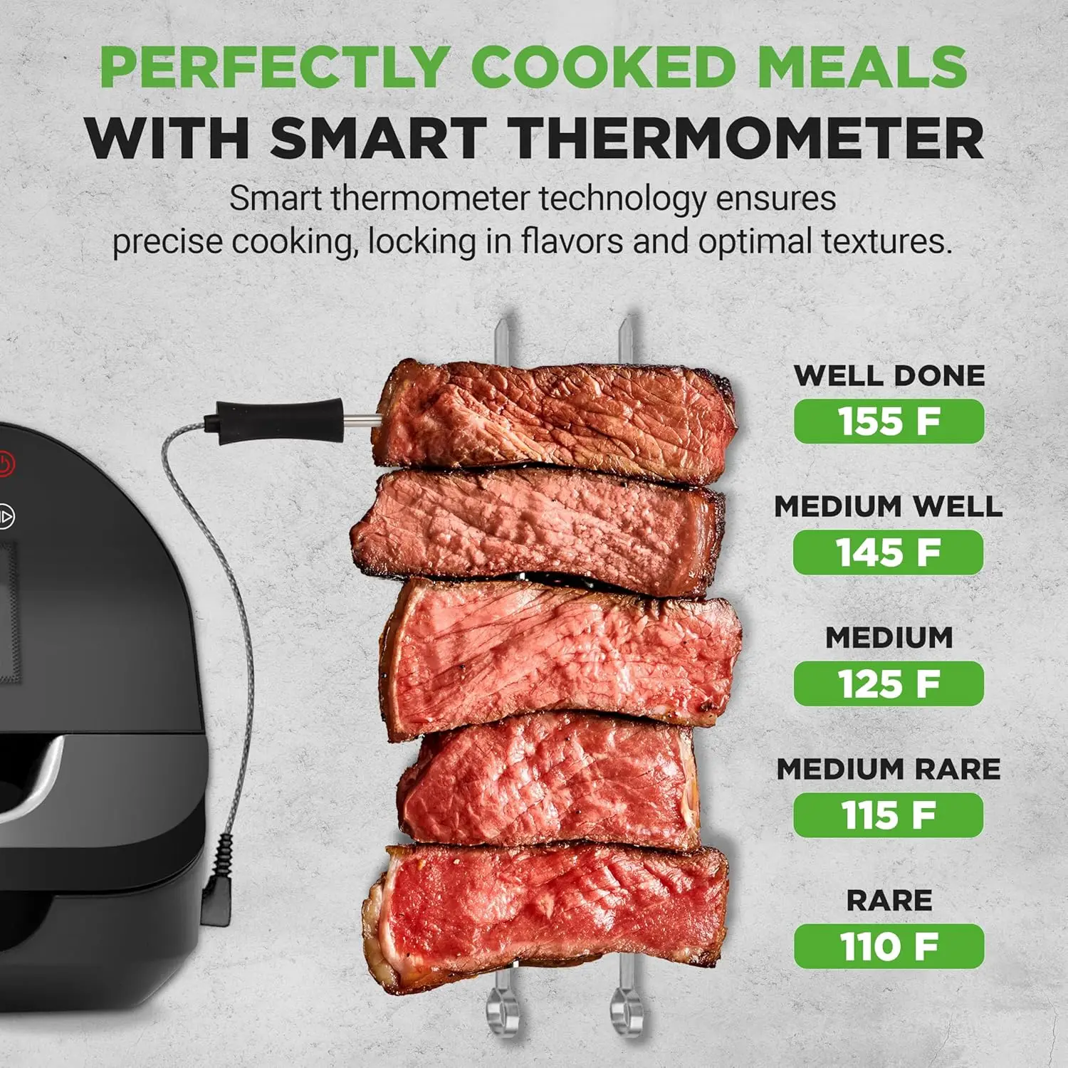 Indoor Smokeless Electric Grill and Air Fryer Combo with 7 Cooking Functions, 6L Capacity, Integrated Smart Thermometer, Accurat