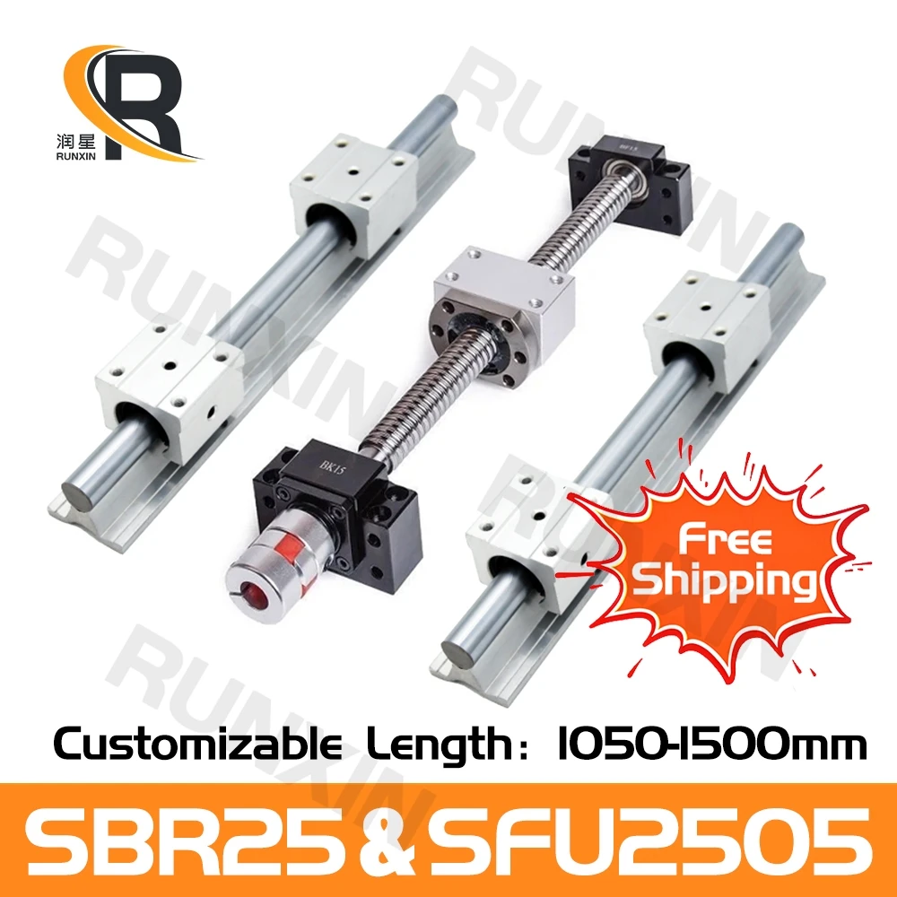 

RXTNC 1050-1400mm ball screw kit 2pcs SBR25 Linear Guides with 4pcs SBR25UU slider blocks+1 Kit SFU2505 for CNC Router Engraving