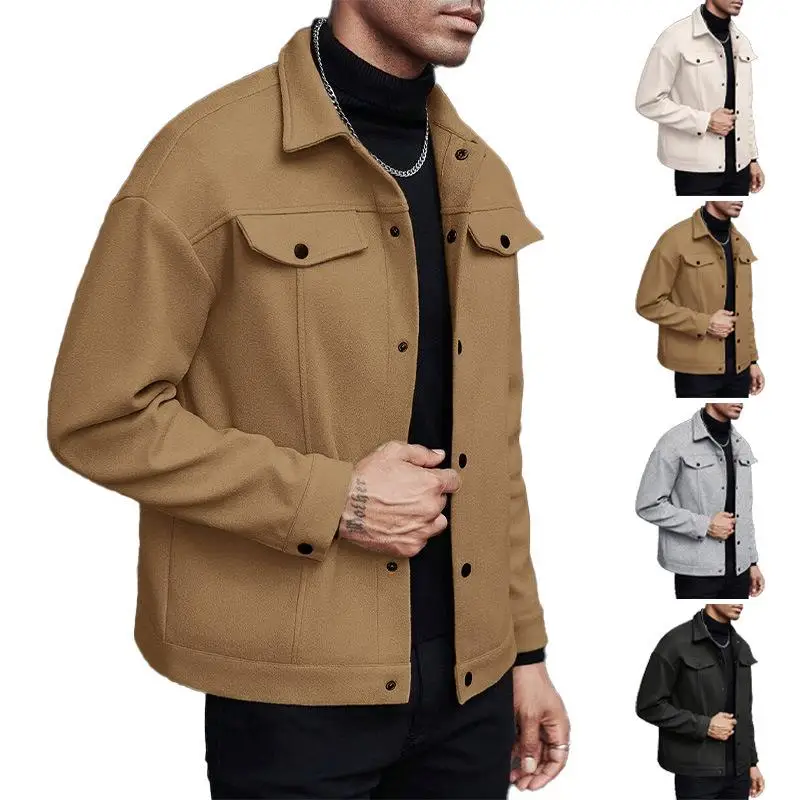 Men's Woolen Sporty Casual Coat Lapel Jacket Business Style Long Sleeve PU Material Daily Wear Cross-Border Autumn Winter New...