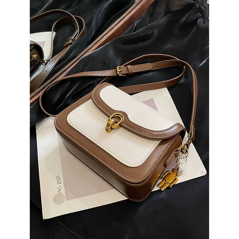 French Fashion Contrast Color Crossbody Bag Women\'s 2024 Spring New Retro Simple Small Square Bag High-Grade Casual Shoulder Bag