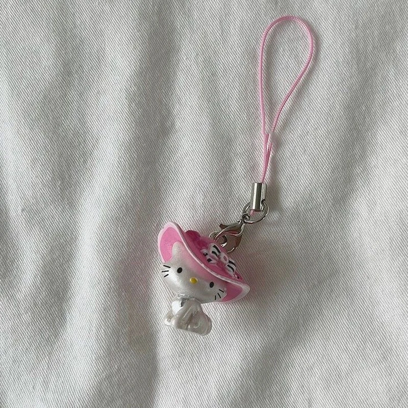 Kawaii Pink Bow Hat Hello Kitty Keychain Harajuku Girl Angel Hello Kitty Bag Mobile Phone Pendant Charm Birthday Gift Ornament