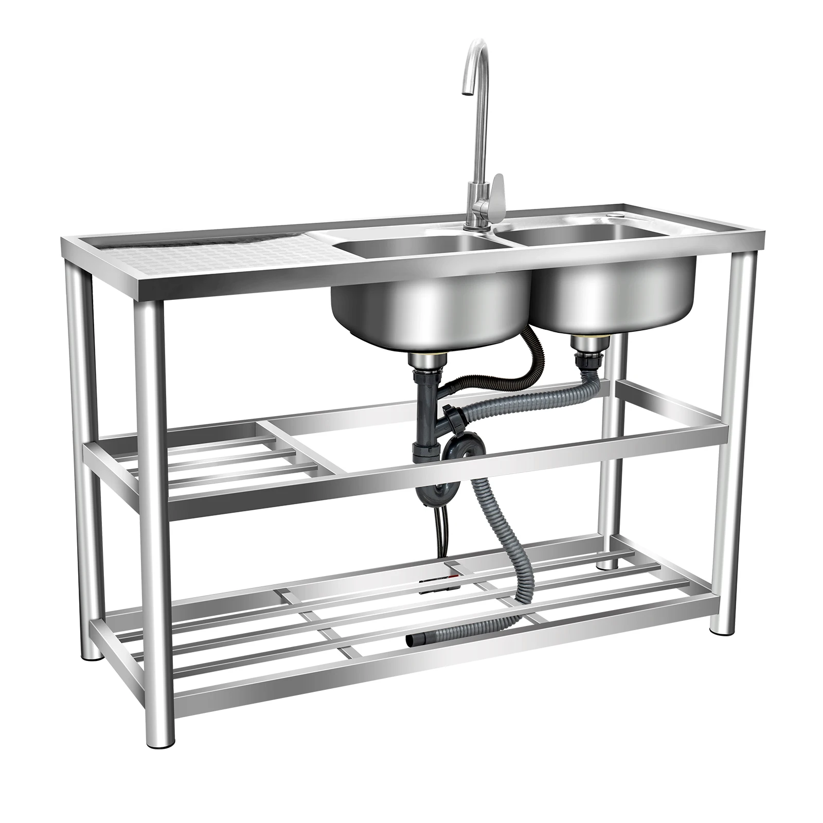 Commercial Stainless Steel Sink, Free Standing Double Bowl Outdoor Kitchen Sink Station with Hot&Cold Faucet, Suitable for Camping, Garage, and Laundry Room