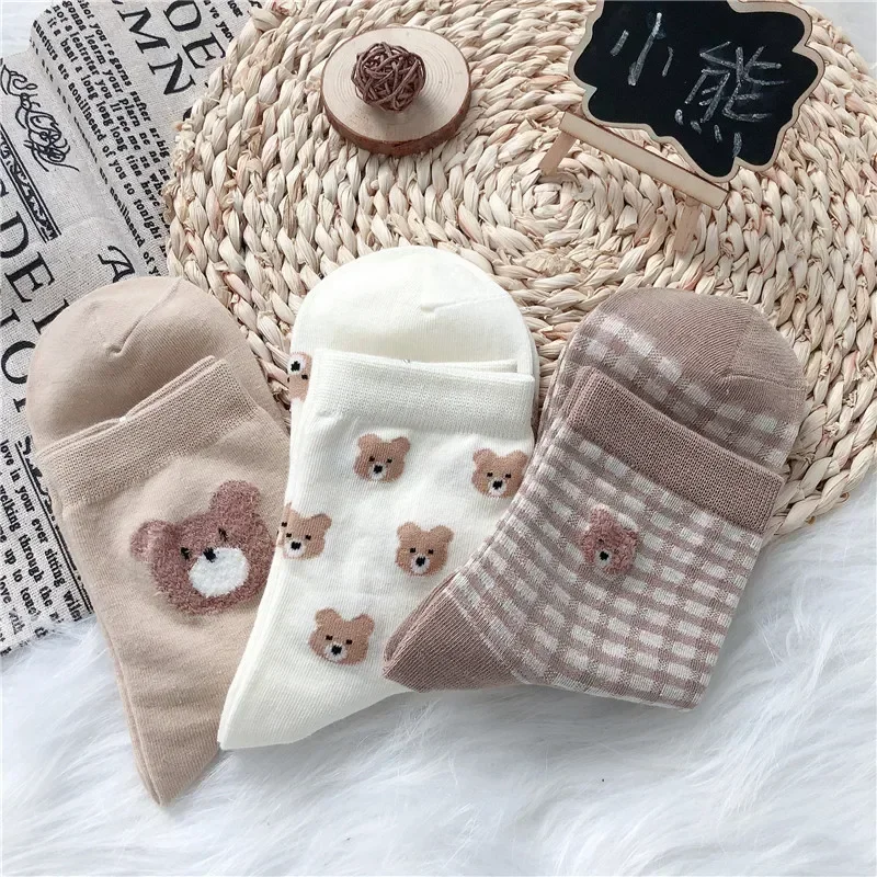 Creative New Brown Bear Socks Female Middle Tube Socks Japanese Cute Small Fresh Wild Student Autumn and Winter Socks