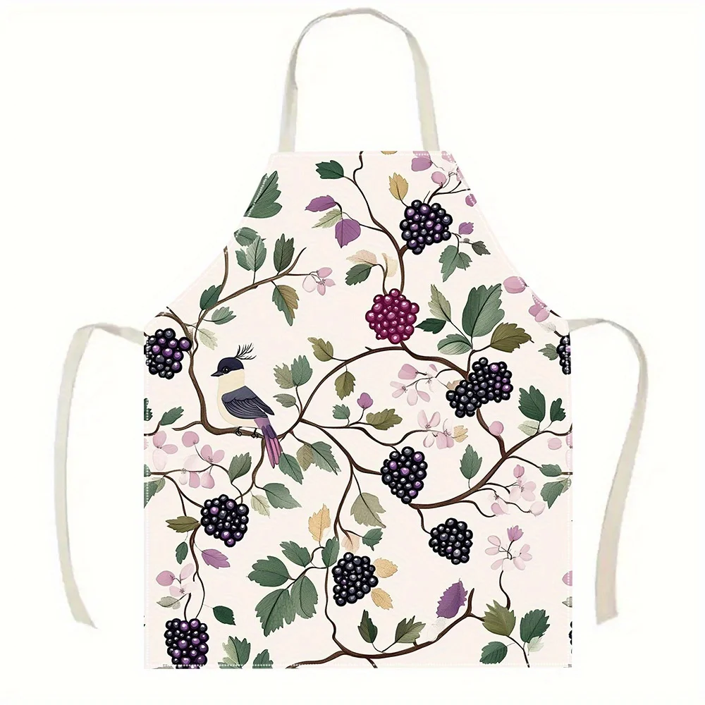 Vintage Blackberry Branch Bird Apron - Botanical Fruit Pattern Linen Look Chef Bib for Women Kitchen Cooking Baking Decor