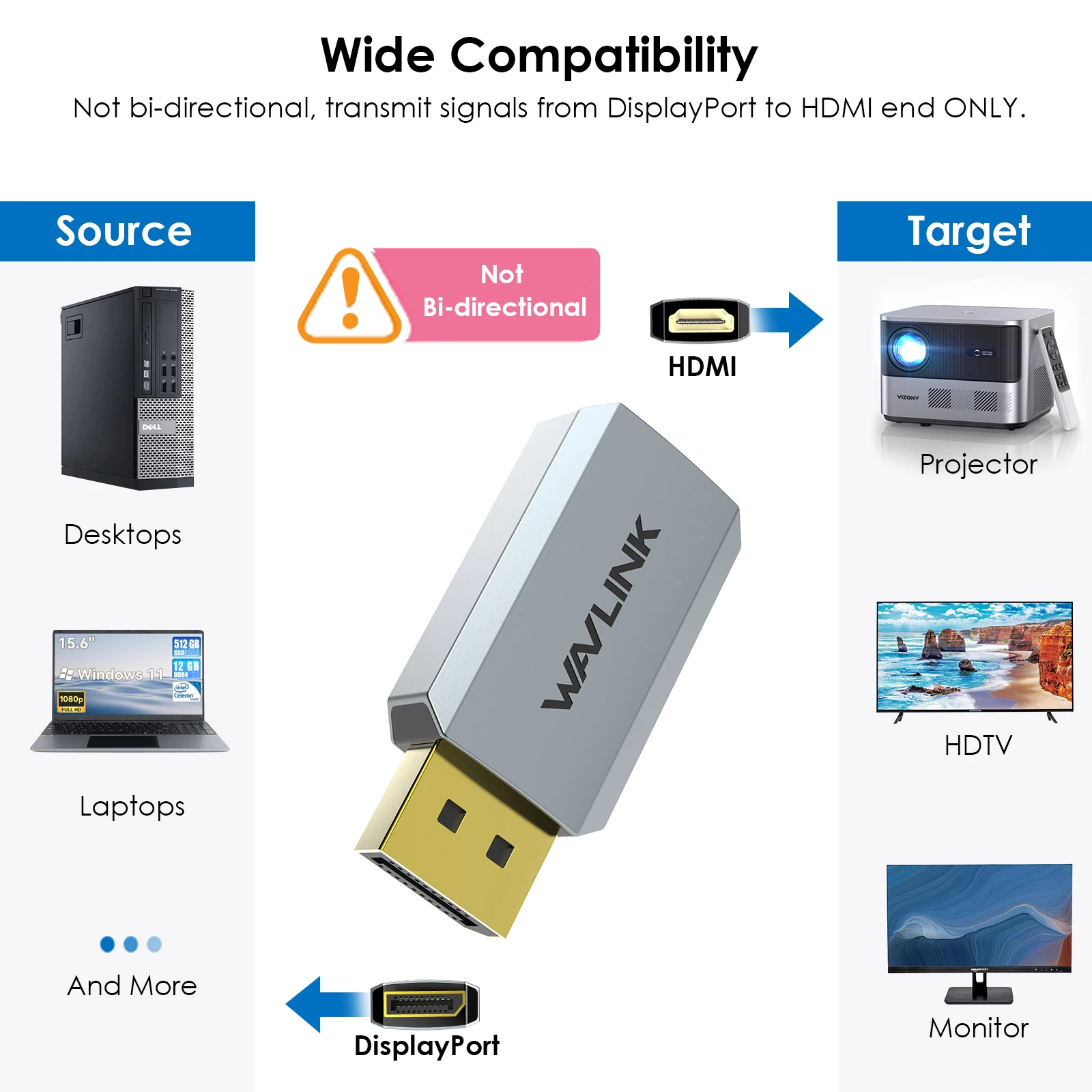 Wavlink 4K 60Hz DisplayPort to HDMI-Compatible Male To Female DP to HDMI-Adapter Display Port to HDMI-Converter Connector For PC