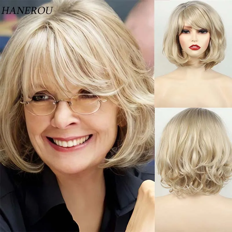 Synthetic Short Blonde Wigs with Bangs Shoulder Length Water Wave Women Hair Wigs for Cosplay Daily Wig