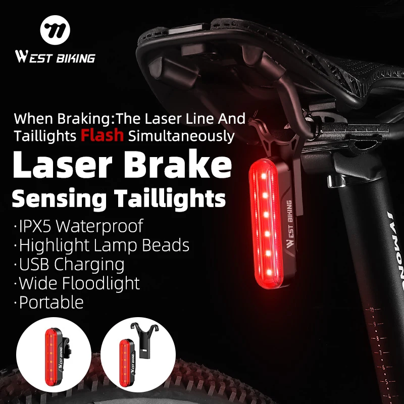 WEST BIKING Bike Taillight Laser Brake Sensing Rear Light IPX5 Waterproof USB Charging Bike Light MTB Road Bicycle Accessories