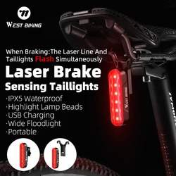 WEST BIKING Bike Taillight Laser Brake Sensing Rear Light IPX5 Waterproof USB Charging Bike Light MTB Road Bicycle Accessories