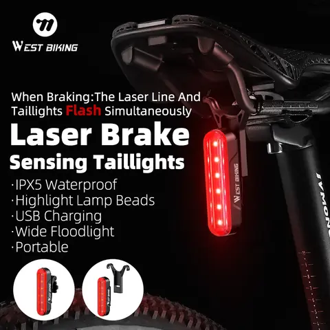 WEST BIKING Cykelbaklykta Laserbromsavkännande baklykta IPX5 Vattentät USB-laddningsbar cykellykta MTB Landsvägscykeltillbehör 10 best sales cykellaser - №5
