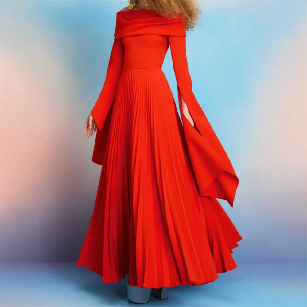 

Women's Elegant Long Sleeve Ruched A-line Evening Dress for Prom Party Off the Shoulder Formal Cocktail Wedding Guest Gowns