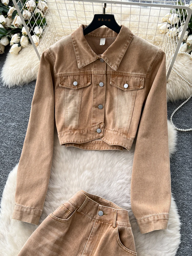 Hong Kong Sle Chic Faion Retro ort Denim Long Sve Jaet Hohe Taille Weites Bein Gerade Schnitt Hosen Herbst Zwei Stück Set