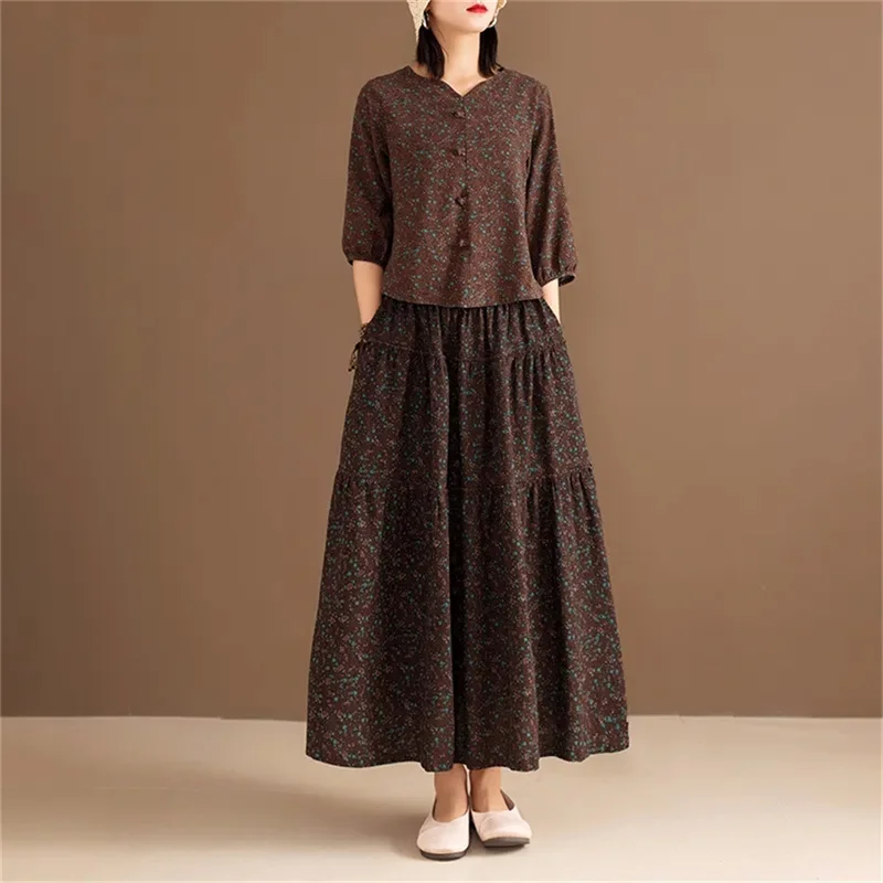 

Spring/Summer New Ethnic Style Fashion Age Reducing Middle aged Women's Loose Linen Mom Cotton Linen Set Women's Two Piece Set