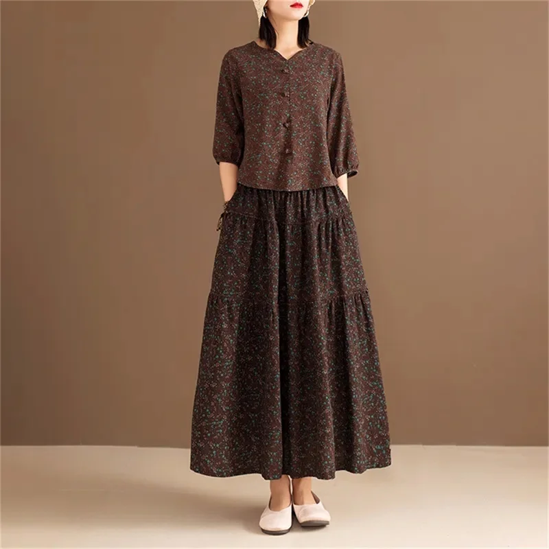 Spring/Summer New Ethnic Style Fashion Age Reducing Middle aged Women's Loose Linen Mom Cotton Linen Set Women's Two Piece Set