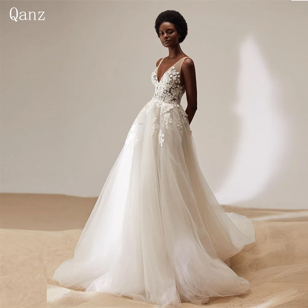 

Qanz Boho Wedding Dresses Dresses Appliques Lace Tulle V Neck Long A Line Robe De Doiree Femmes White Dresses Woman Plus Size