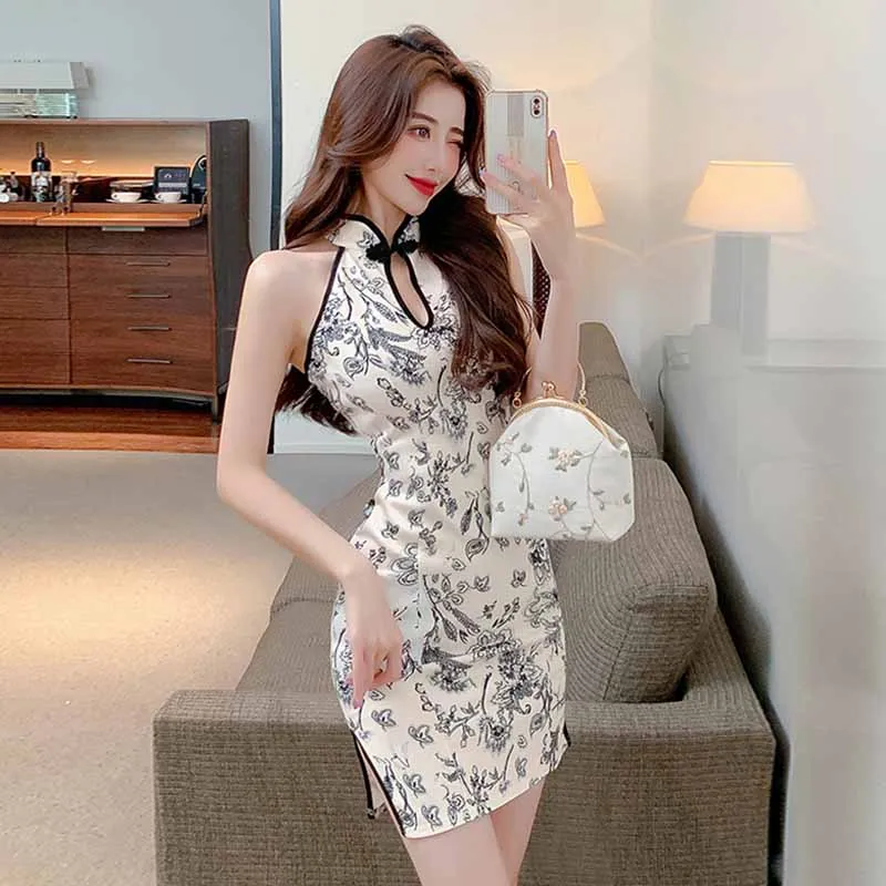 

Women Elegant Cheongsam Chinese Style Retro Print Qipao Nightclub Bodycon Slim Mini Dress Oriental Clothing Vintage Vestidos