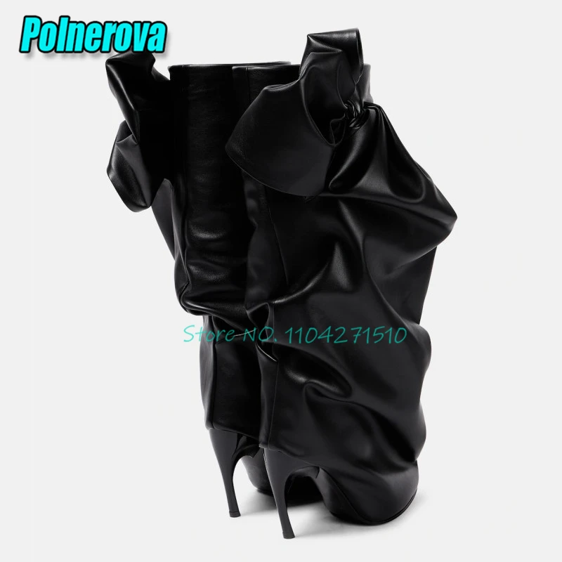 Elegant Women Black Bow Knee High Boots Fashion Pleated Leather Strange Heels Long Boots Pointed Toe High Heels Sleeve Boots view 4