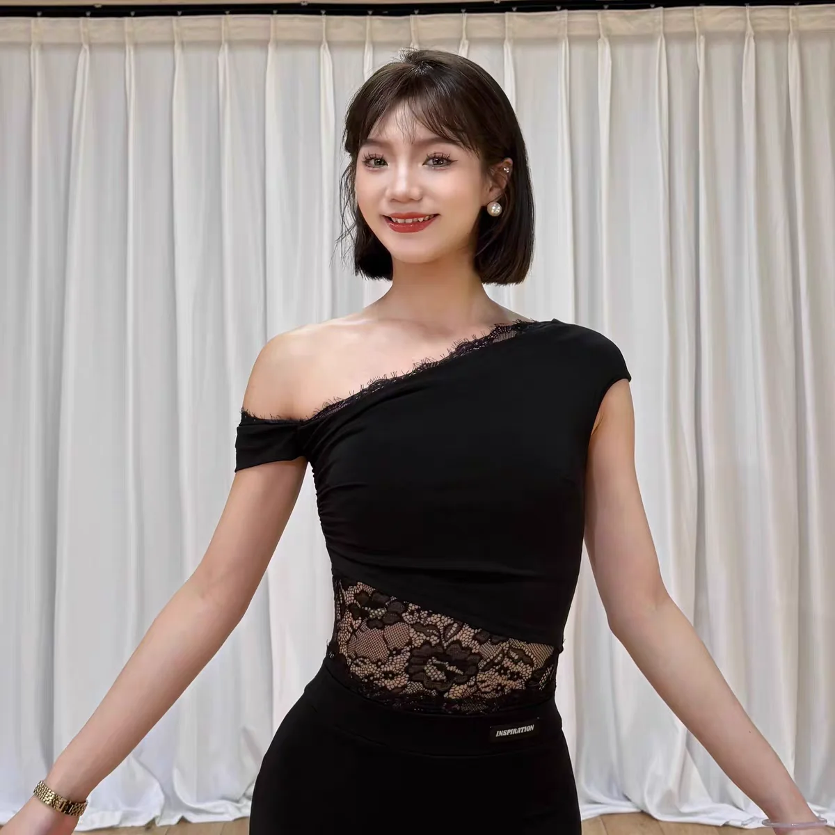 Latin Dance Costume Women Lace-spliced Sloping Shoulder Jumpsuit Practice Clothes Chahcha Samba Latin Dance Clothes Wear DN21212