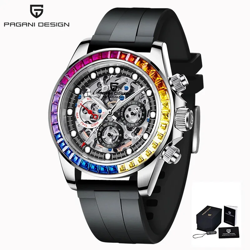 Pagani Ontwerp Mannen Automatisch Mechanisch Horloge Regenboog Regenboog Cirkel Skelet Wijzerplaat Roestvrij Staal Saffier Sporthorloges - afbeelding 1