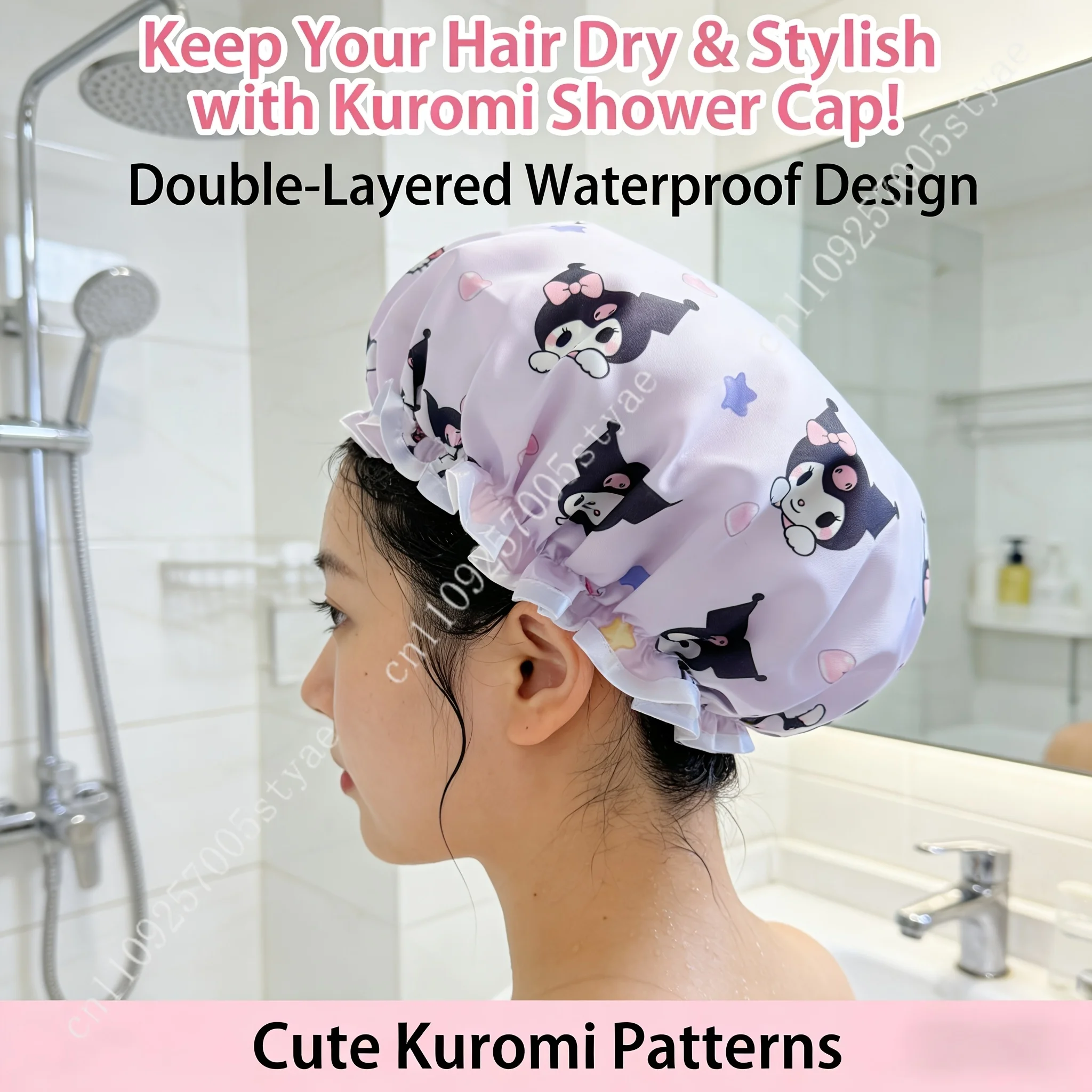 Sanrio Kuromi Shower Cap High-Quality Thickened Double-Layer Design  Cartoon Heart and Star Pattern Women Household Shower - view 3