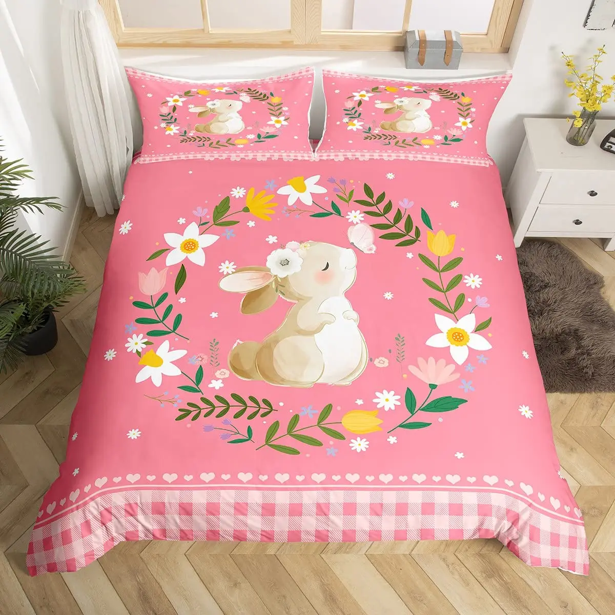 

Kawaii Rabbit Duvet Cover Cartoon Animal Bedding Set Geometry Grid Checkered Comforter Cover Colorful Flowers Butterfly Bed Set