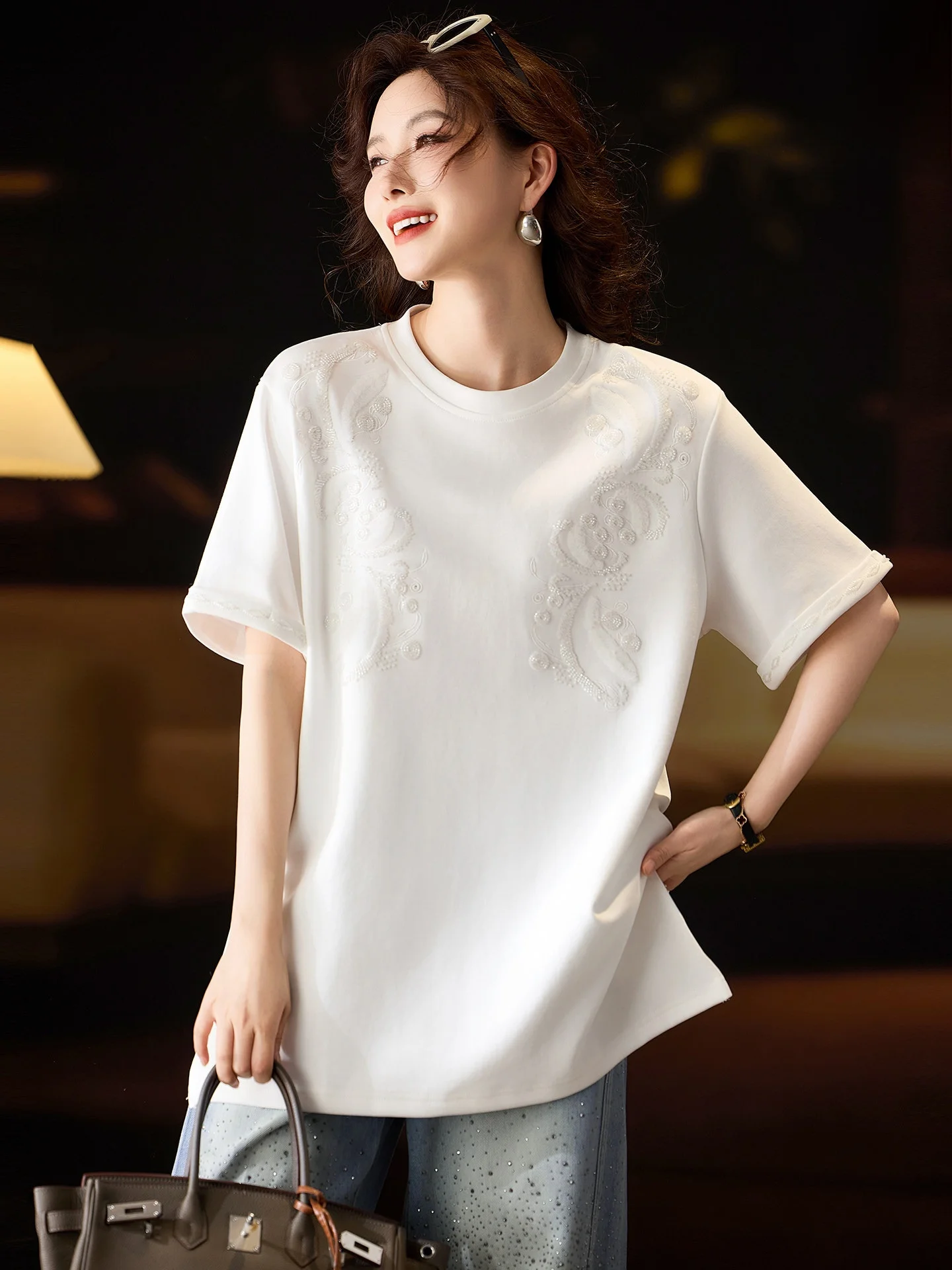 

Street Sle White round Ne Beaded ort Sve T-irt Women's plus Size Spring 2026 Faion Casual Cotton Top