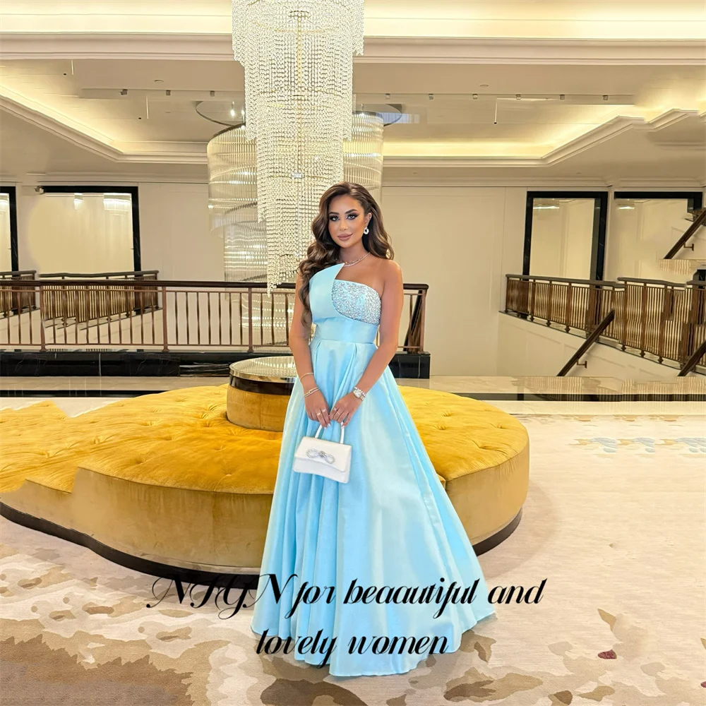 

NFYN A Line Prom Dress Blue Strapless Evening Dress Crystal Party Dress for Arabic Women Satin حزب فساتين Customized