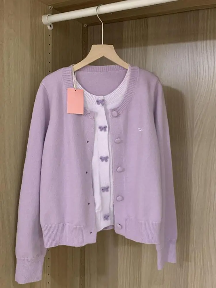 

Французский винтажный фиолетовый лоскутный однобортный кардиган с бантом, женский осенне-зимний трикотаж с круглым вырезом и длинными рукавами, топы