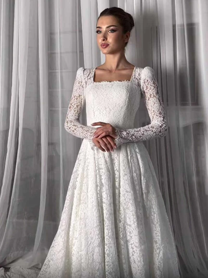

Customized White Square Collar A-Line A-Lin Long Sleeves Wedding Dress Lace Elegant Lace Up Back Delicate Bridal Gowns Dreamy