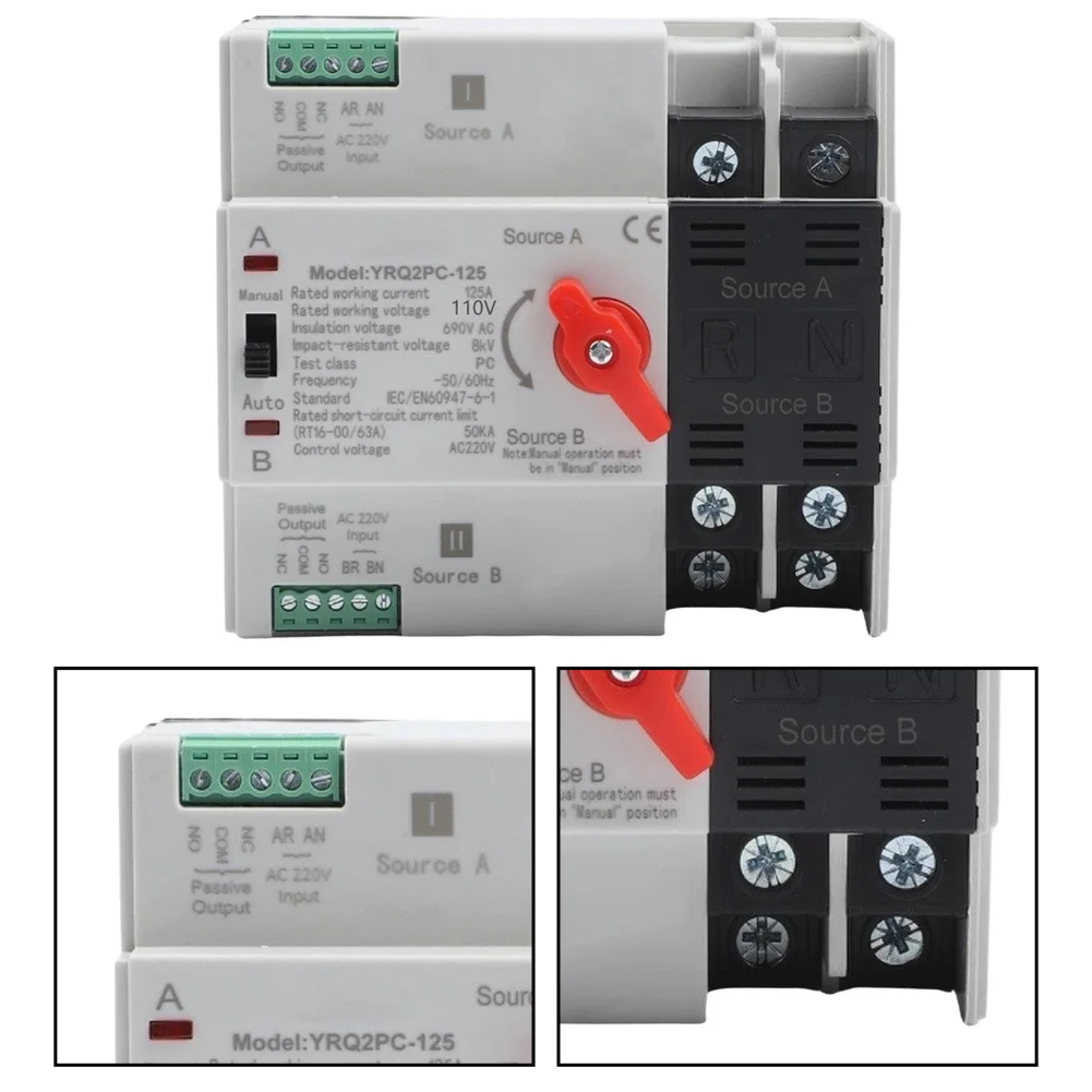 AC110V 2P 125A Transfer Switch with Automatic Failover Under 50ms and Manual Handle Control for Reliable Power Redundancy