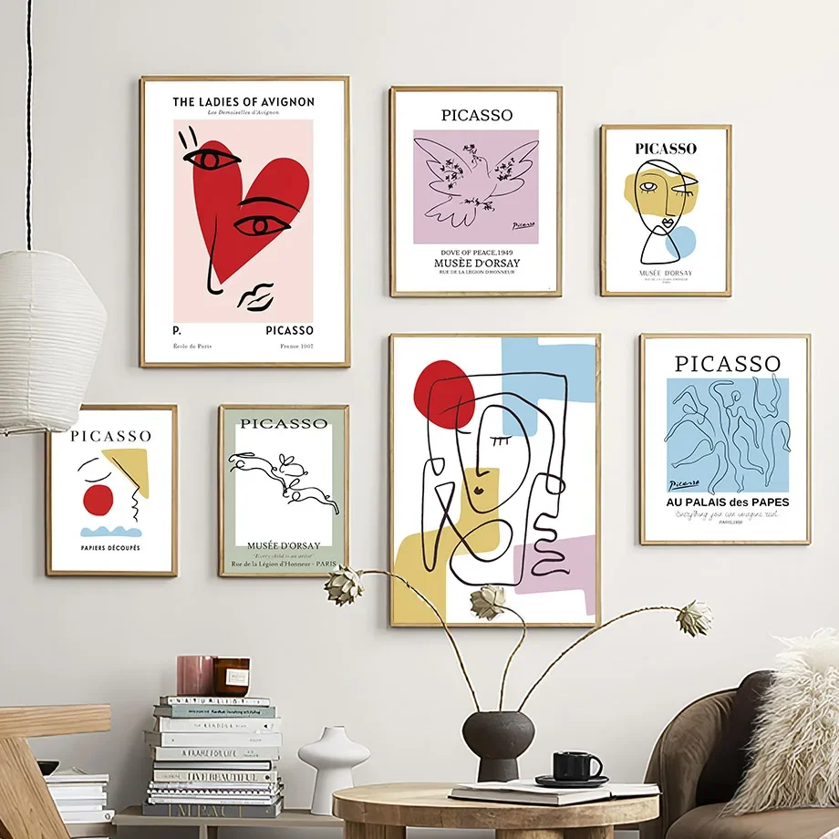 1pc frameless Canvas Painting Picasso Exhibition Wall Art Print Abstract Vintage Line Face Body Bird Canvas Painting Poster Pict