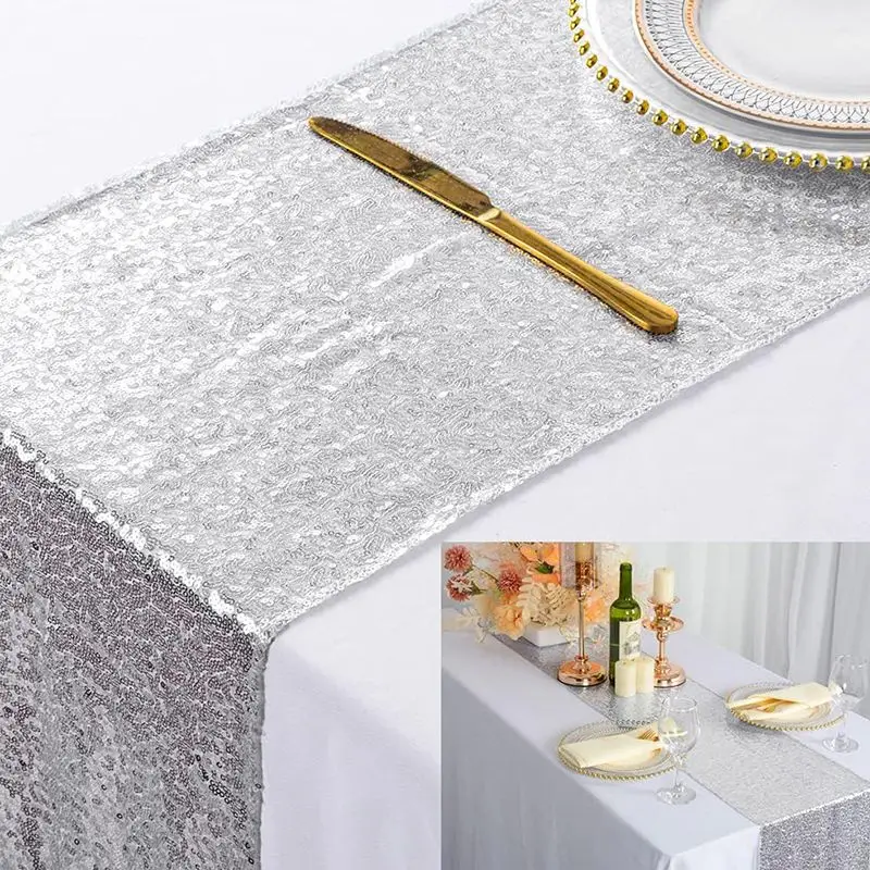 Silver Sequin Tassel Table Runner for Birthday Party Wedding Decoration Bride Baby Shower Christmas Halloween Dinner Table Decor